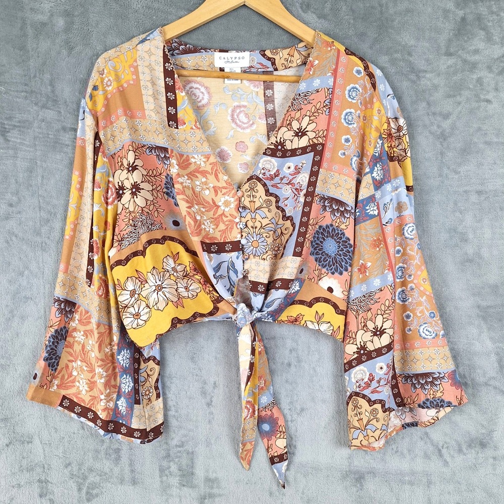 Calypso St Barth Top Large Boho Patchwork Tie Front Hippie Festival Crop Indie